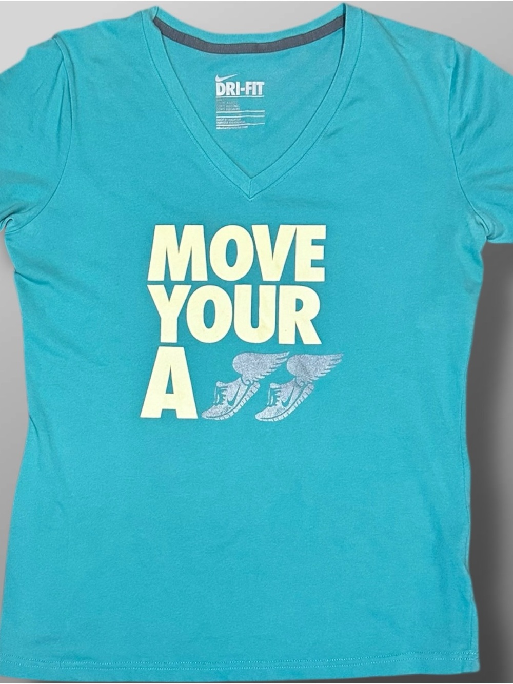 Nike Dri-FIT Graphic Tee Large Slim Fit Move Your A$$ Winged Shoes V-Neck Womens